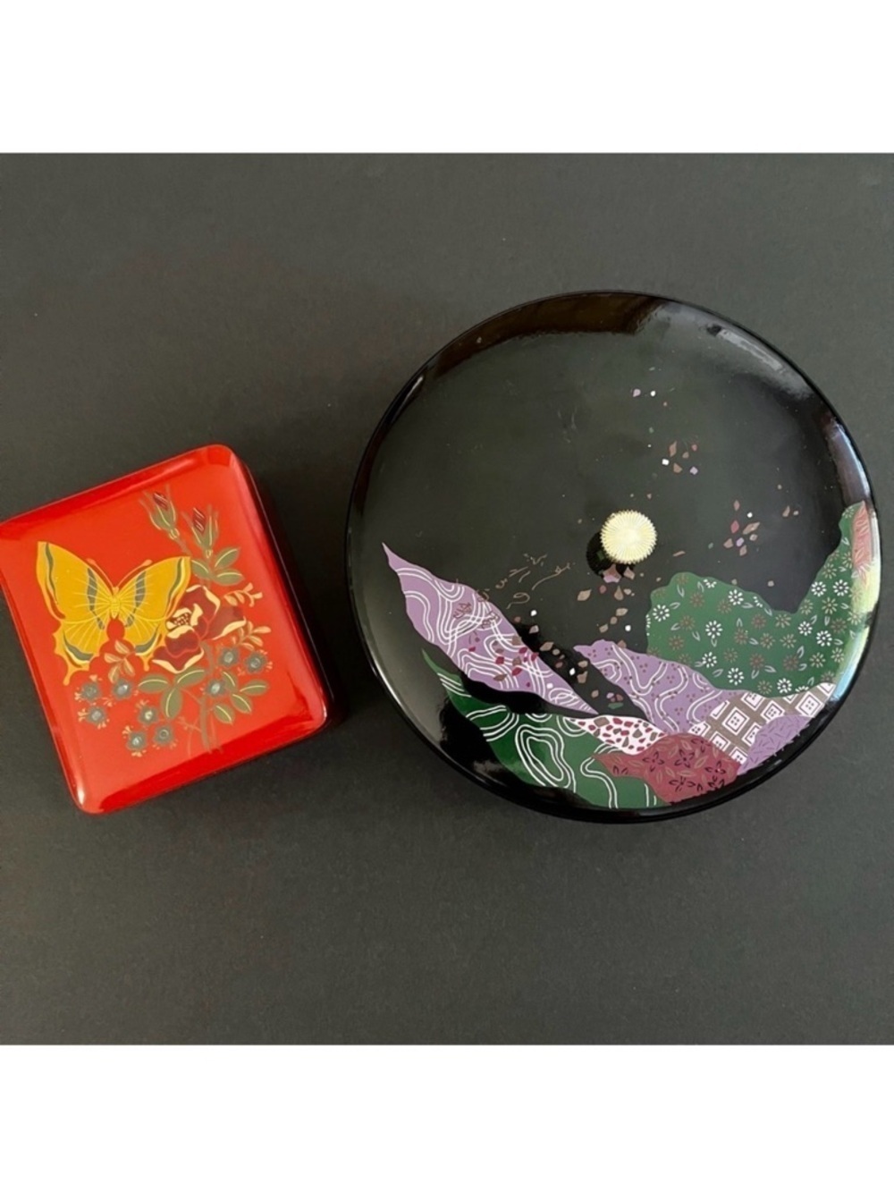 Vintage Lacquer Jewelry Trinket Boxes Burgundy Red Black Butterflies Mod Set 2x